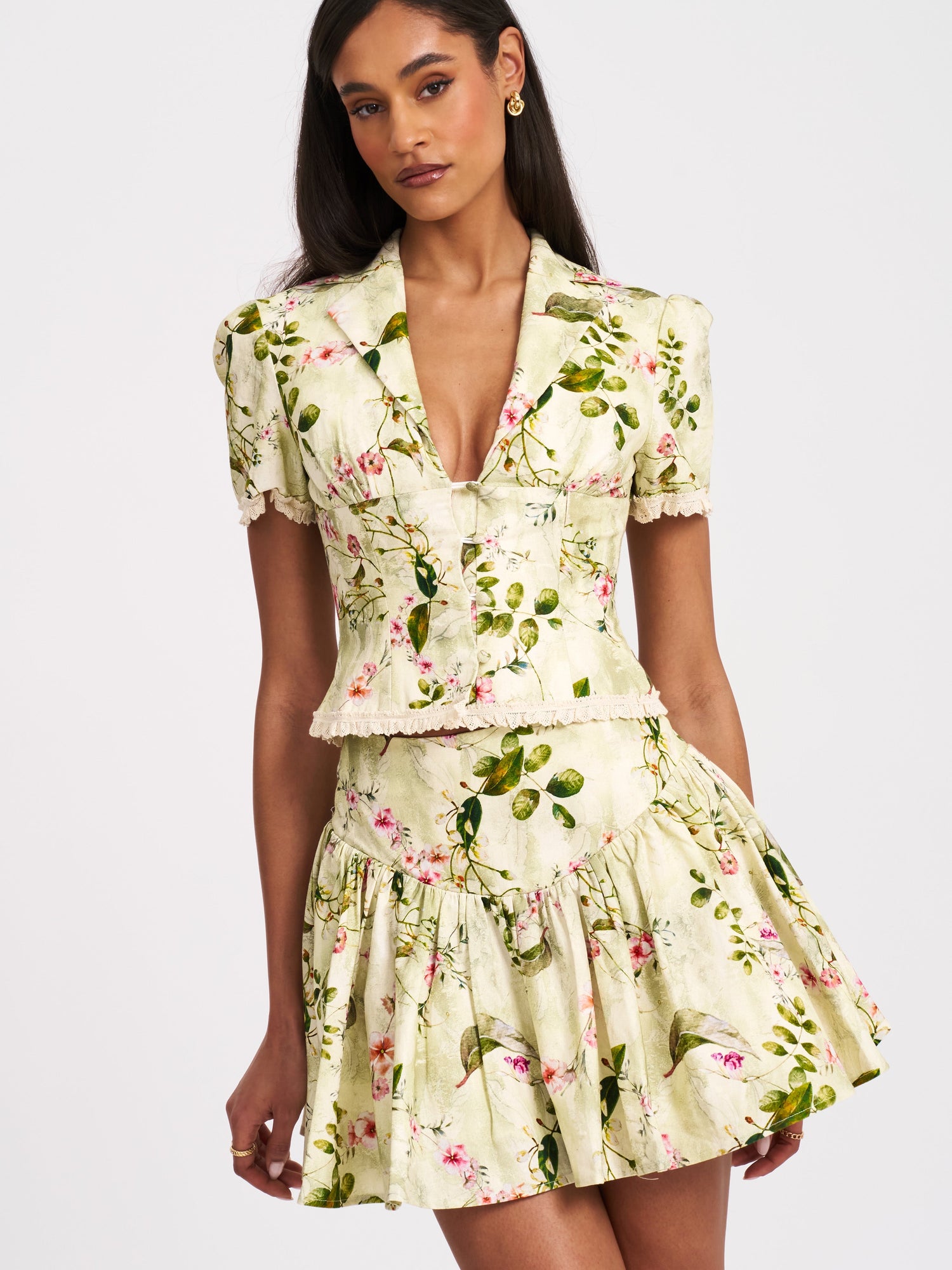Zanella Floral Print Lace Trim Linen Top | Green