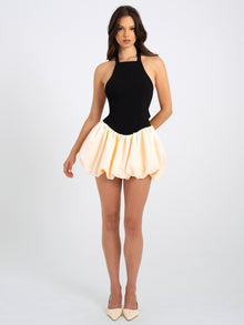 Yaira Backless Drop Waist Mini Bubble Dress | Black/Beige