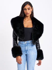 Ziah Cropped Leather Jacket with Fur Collar | Black