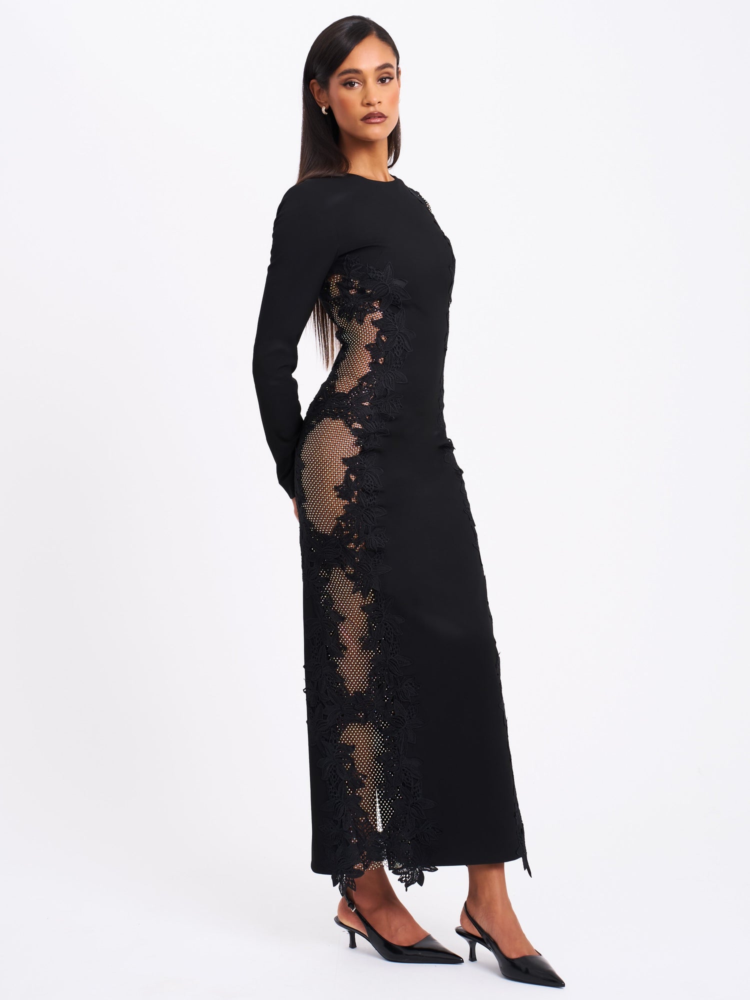 Bailey Lace Trim Crystal Net Cutout Long Sleeve Gown | Black