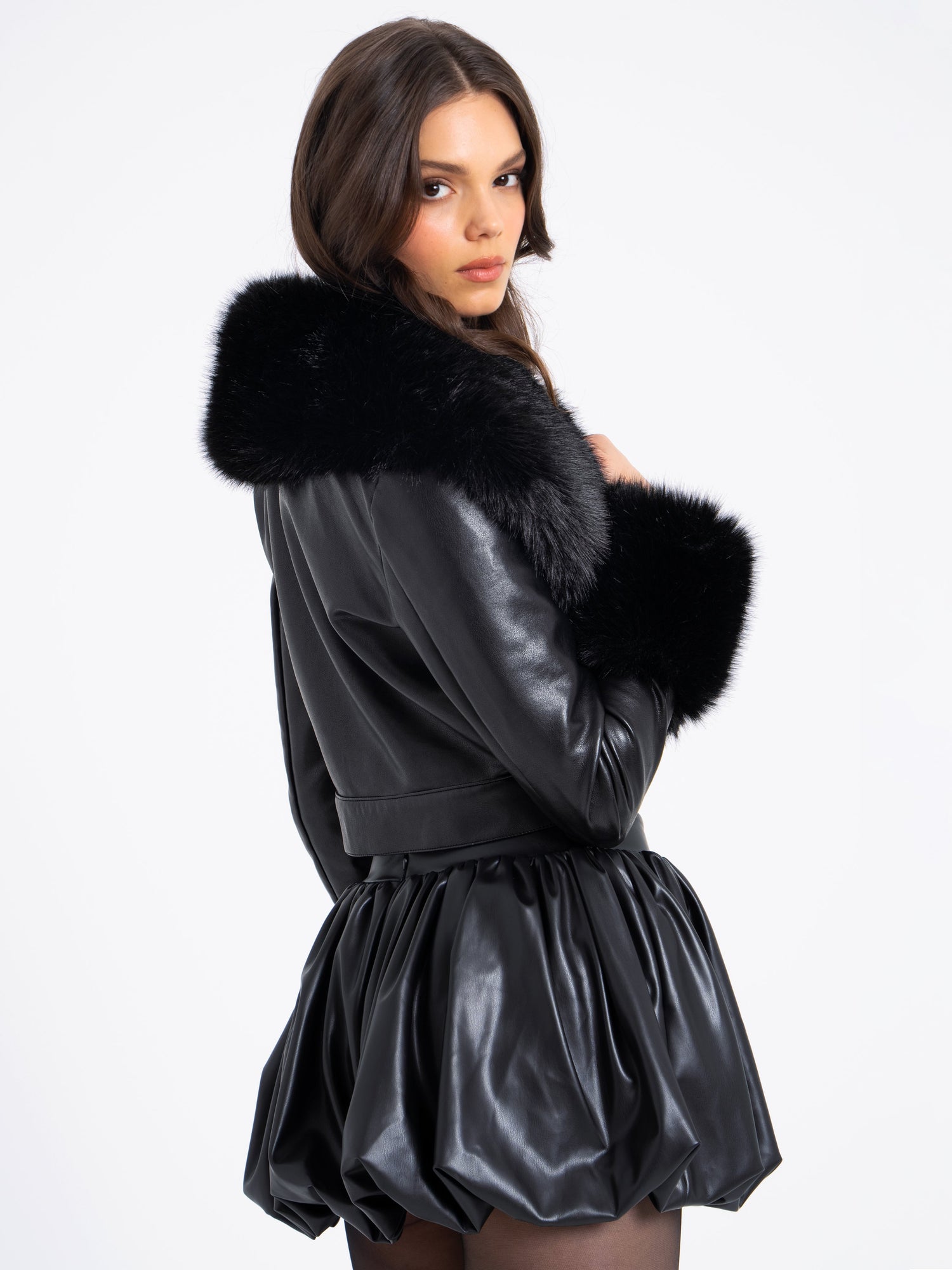 Ziah Cropped Leather Jacket with Fur Collar | Black