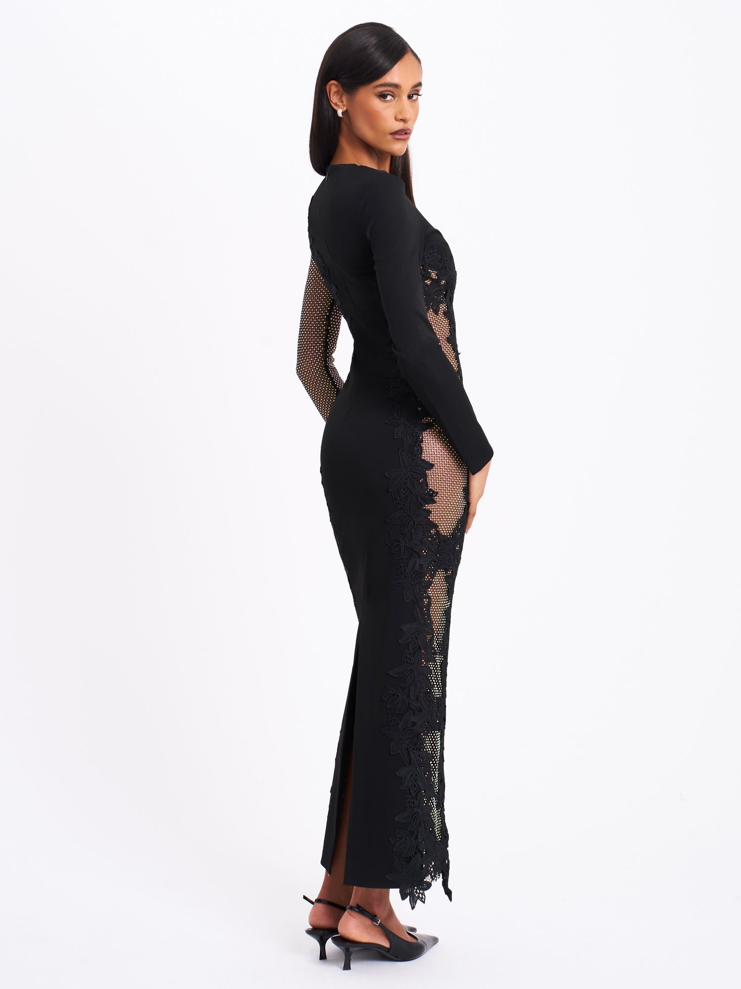 Bailey Lace Trim Crystal Net Cutout Long Sleeve Gown | Black