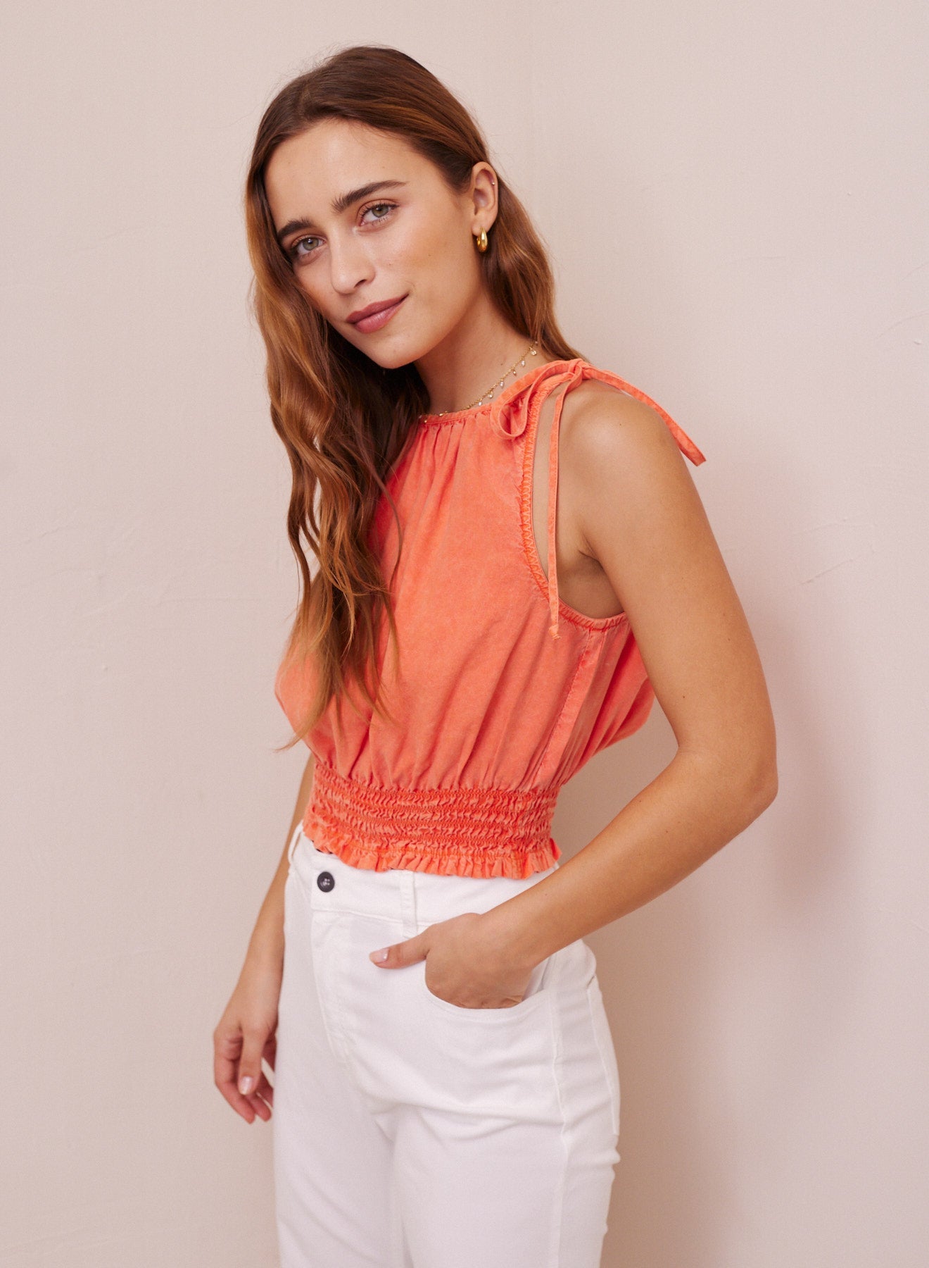 Smocked Waist Tie Neck Top | Mandarin Orange