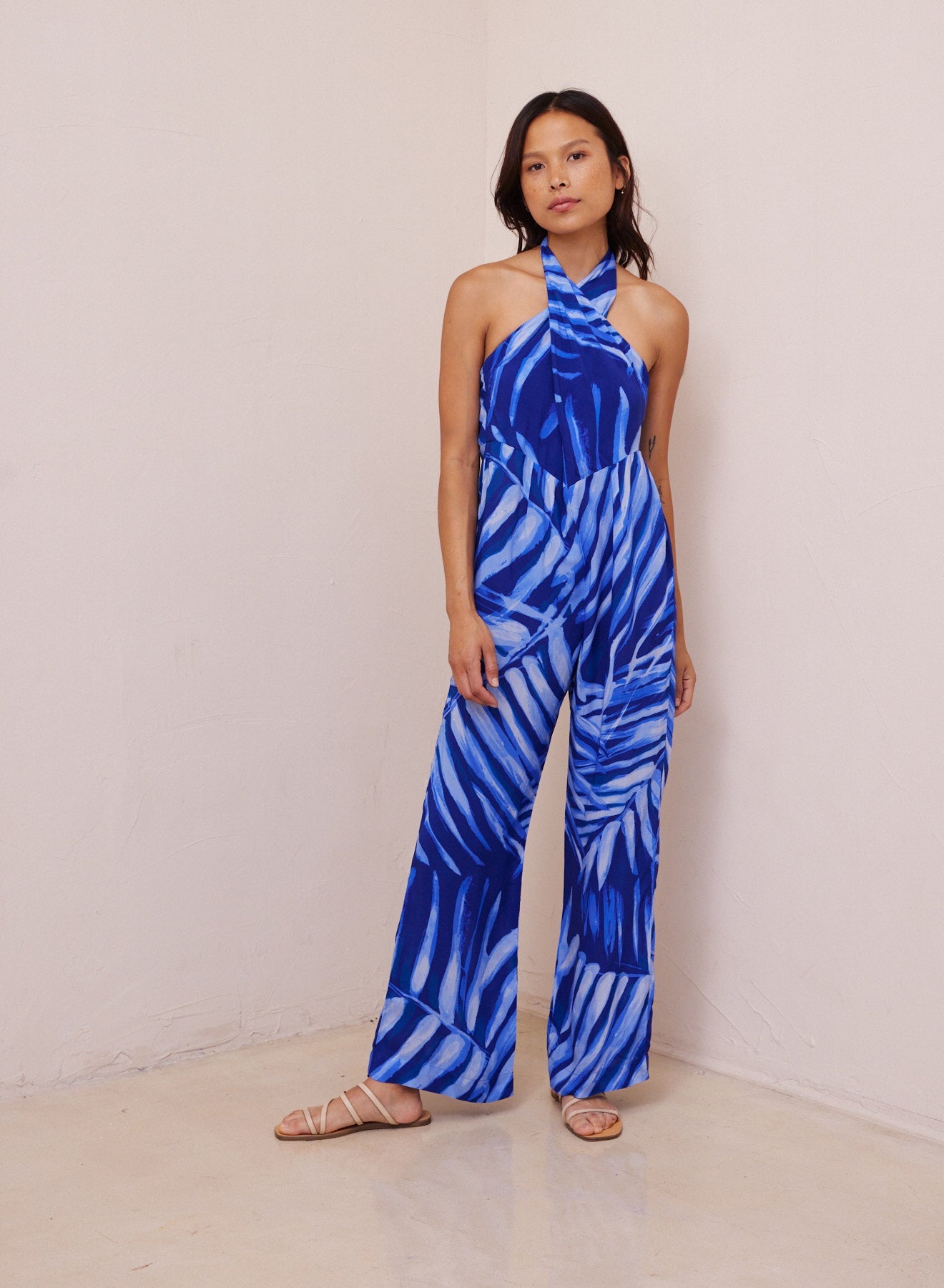 Low Back Halter Jumpsuit | Bayside Palm Print