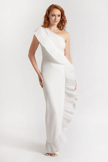ONE33 SOCIAL | The Mercer Ivory Pleated Ruffle Gown | White