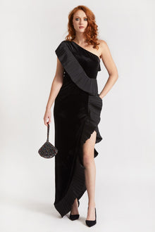 ONE33 SOCIAL | The Mercer Velvet Black Pleated Ruffle Gown | Black