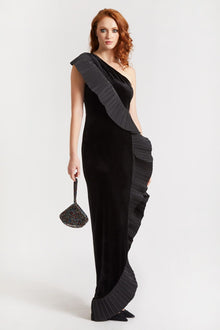 ONE33 SOCIAL | The Mercer Velvet Black Pleated Ruffle Gown | Black