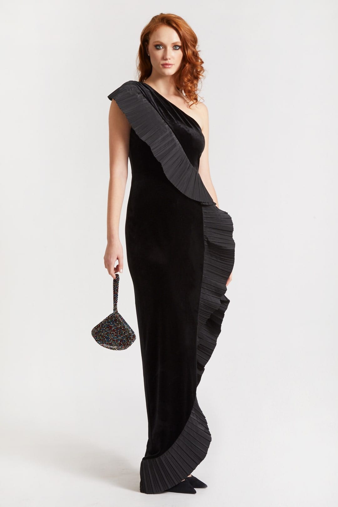 ONE33 SOCIAL | The Mercer Velvet Black Pleated Ruffle Gown | Black