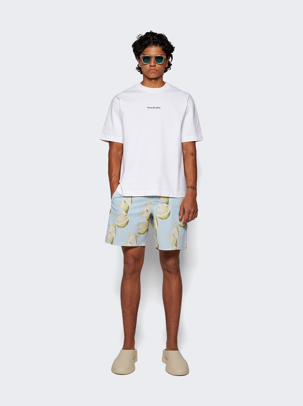 Men | Givenchy | Cotton Seersucker Swim Shorts Lemon Print | Blue