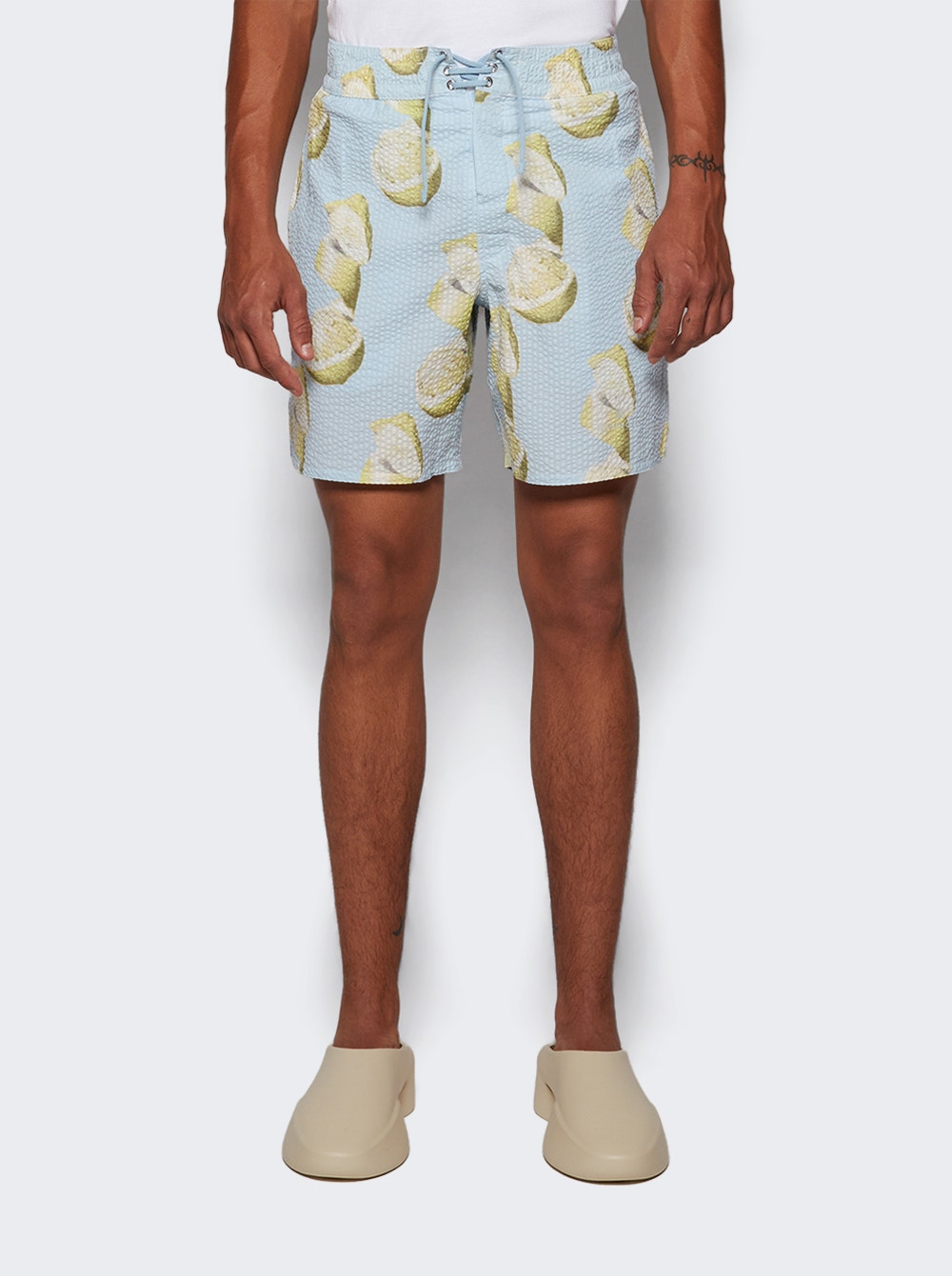 Men | Givenchy | Cotton Seersucker Swim Shorts Lemon Print | Blue