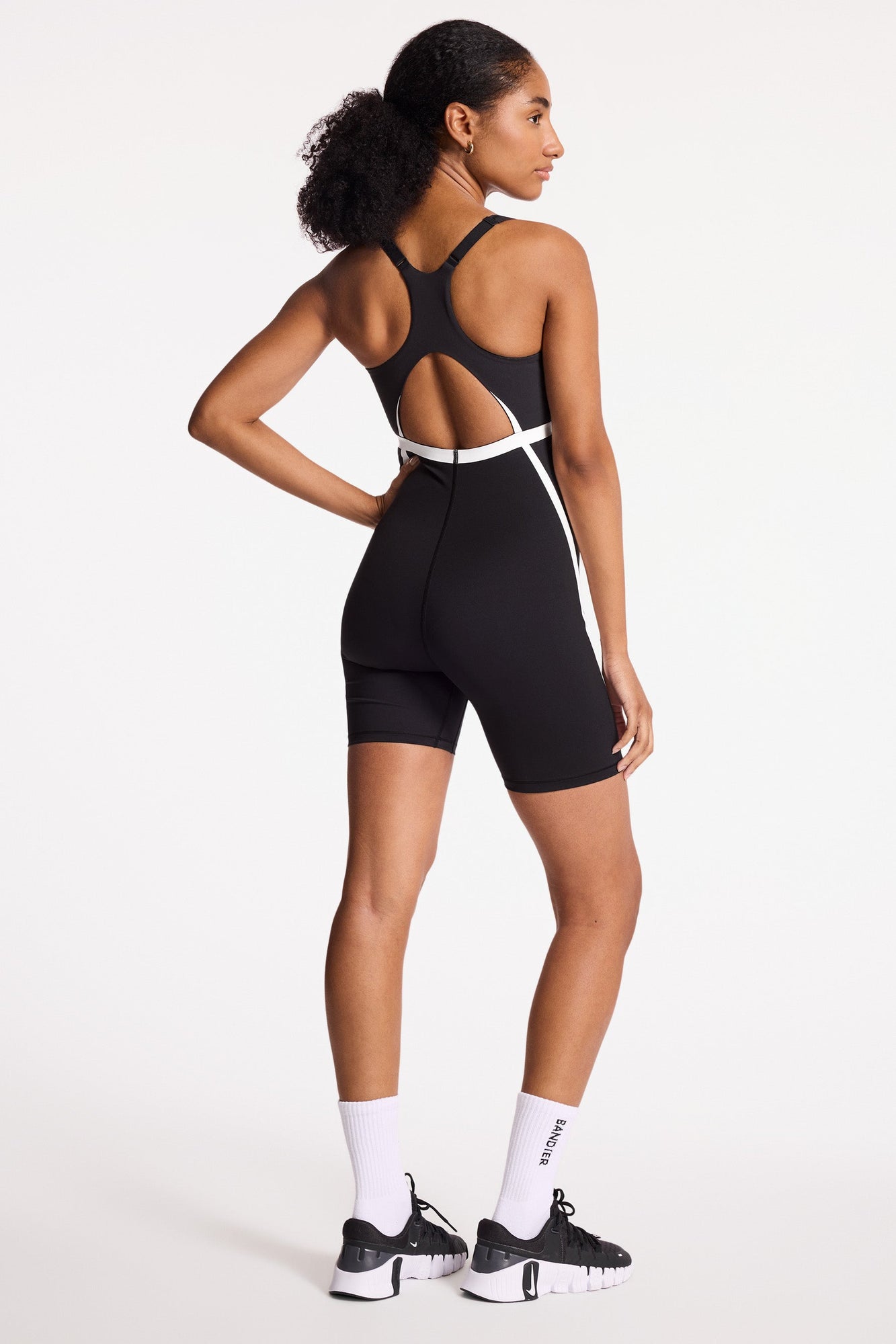 Bandier | V-Neck Plunge Contrast Short Catsuit | Black/White