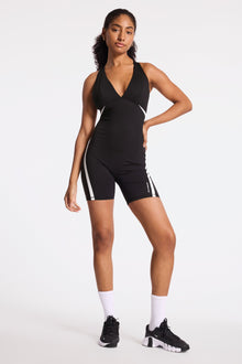 Bandier | V-Neck Plunge Contrast Short Catsuit | Black/White