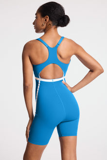 Bandier | V-Neck Plunge Contrast Short Catsuit | French Blue/White