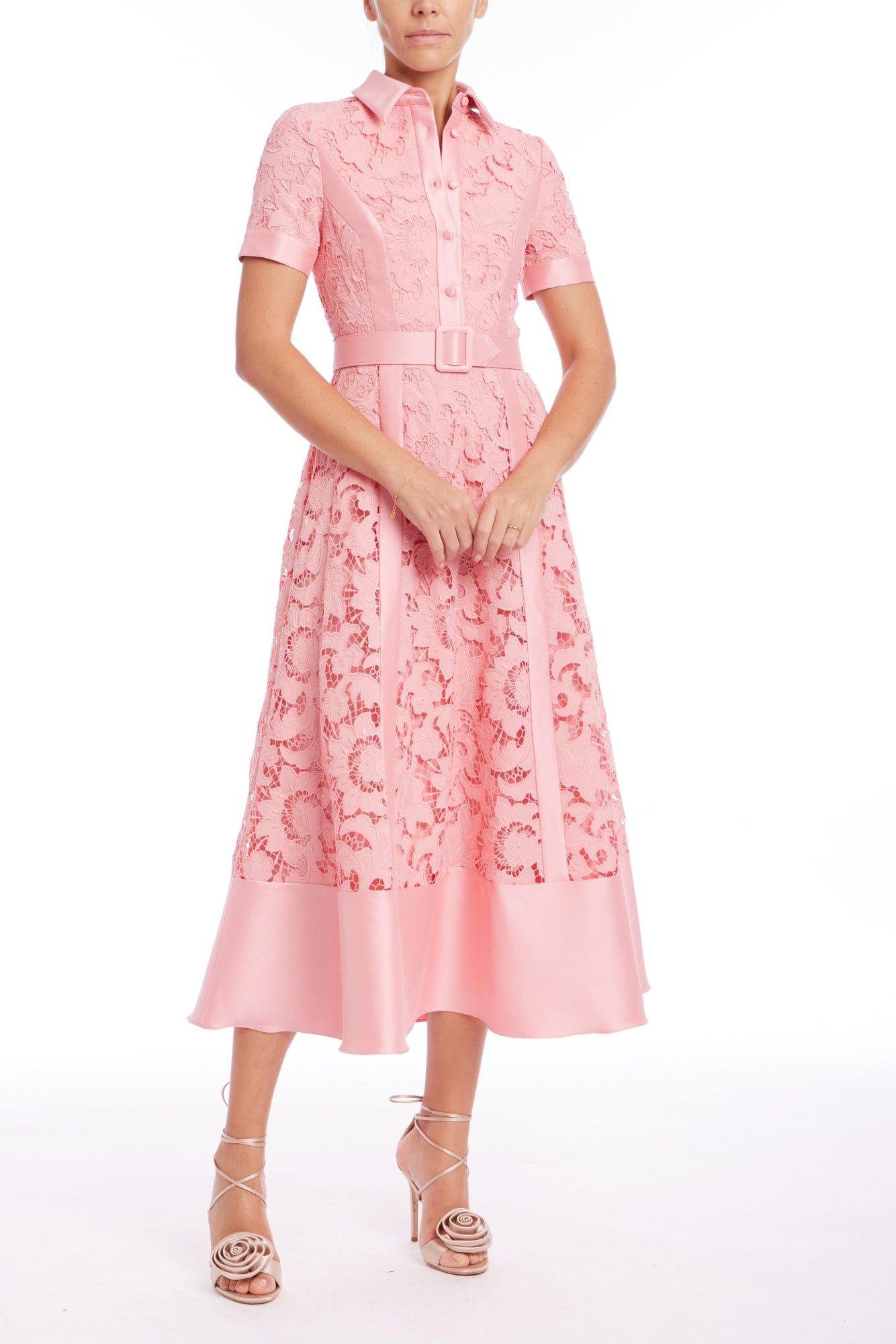 Badgley Mischka | Short Sleeve A-Line Shirt Dress | Peony