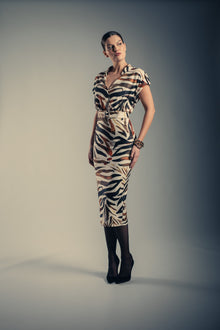 Badgley Mischka | Zebra Print Midi Shirt Dress with Belt | Bronze Multi