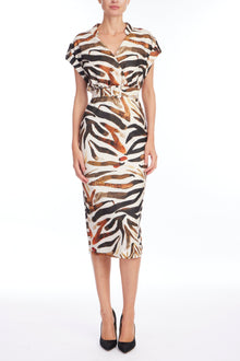 Badgley Mischka | Zebra Print Midi Shirt Dress with Belt | Bronze Multi
