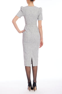 Badgley Mischka | Speckled Knit Lace-Up Neck Midi Dress | White Black