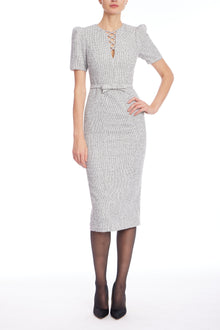 Badgley Mischka | Speckled Knit Lace-Up Neck Midi Dress | White Black