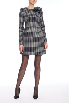 Badgley Mischka | Plaid Long Sleeve Mini Dress with Shoulder Applique | Navy Ivory