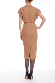 Badgley Mischka | Cap Sleeve Midi Dress in Textured Camel | Tan