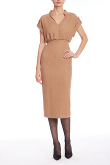 Badgley Mischka | Cap Sleeve Midi Dress in Textured Camel | Tan
