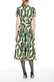 Badgley Mischka | Geometric Print Midi Shirtdress with Tie Waist | Emerald Multi