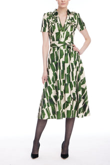 Badgley Mischka | Geometric Print Midi Shirtdress with Tie Waist | Emerald Multi