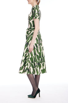 Badgley Mischka | Geometric Print Midi Shirtdress with Tie Waist | Emerald Multi