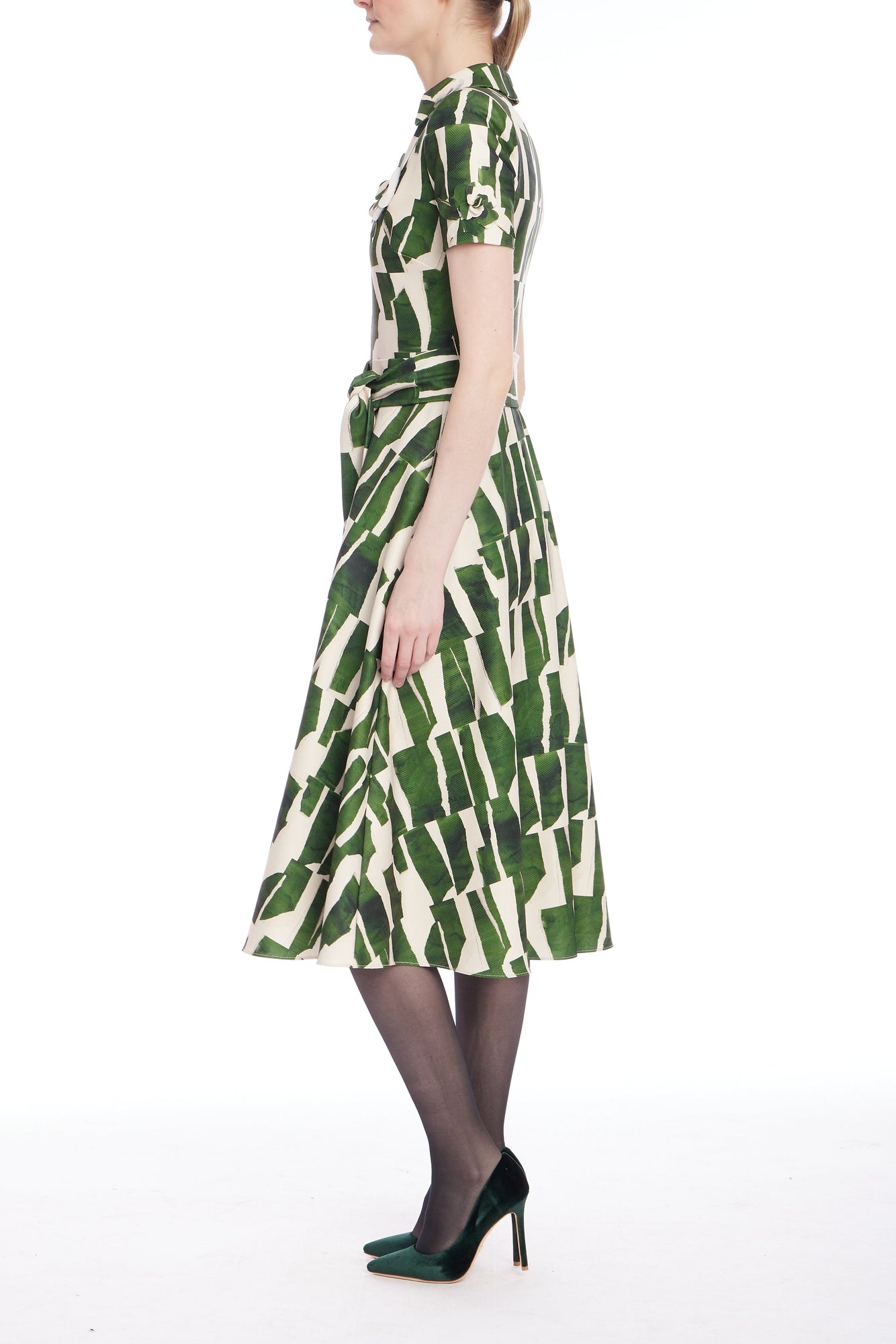 Badgley Mischka | Geometric Print Midi Shirtdress with Tie Waist | Emerald Multi