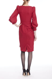 Badgley Mischka | Balloon Sleeve Sheath Cocktail Dress with Sash | Red
