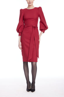 Badgley Mischka | Balloon Sleeve Sheath Cocktail Dress with Sash | Red