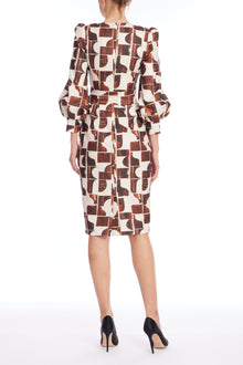 Badgley Mischka | Geometric Print Midi Dress with Self-Tie Belt | Brown Multi