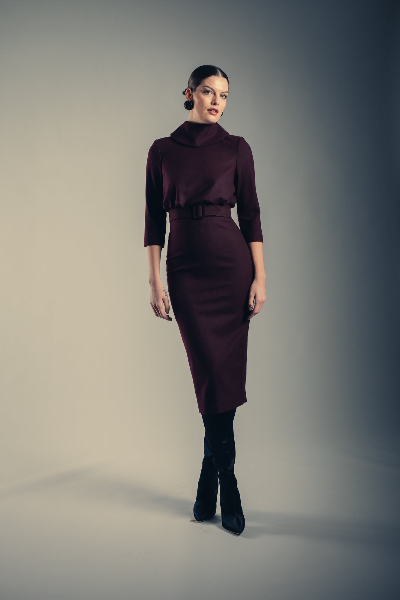 Badgley Mischka | Blouson Twofer Cocktail Dress with Belt | Wine
