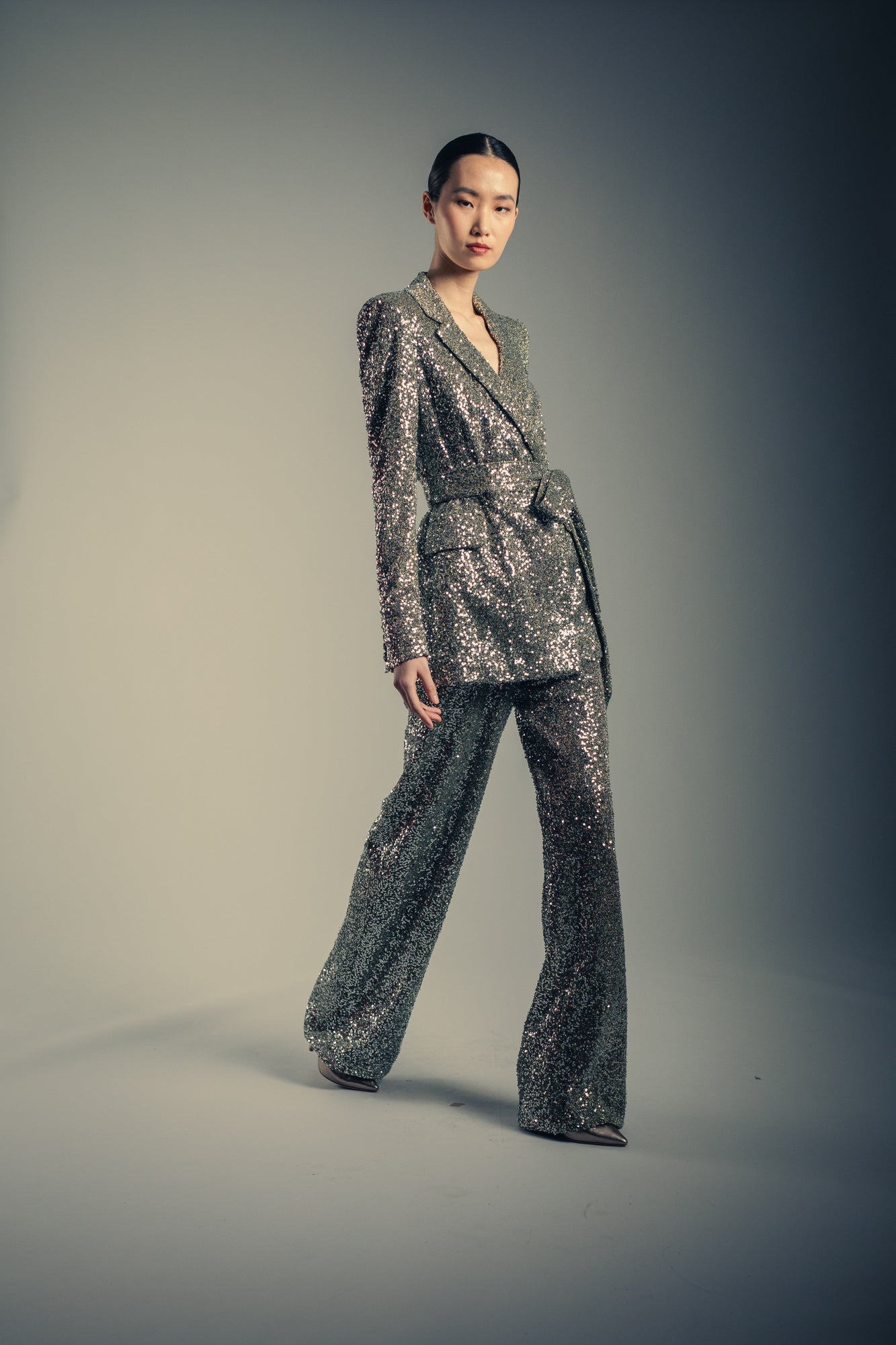 Badgley Mischka | Gunmetal Sequin Flare Trousers | Gunmetal