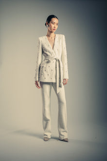 Badgley Mischka | Beaded Tie Waist Tweed Jacket | Ivory