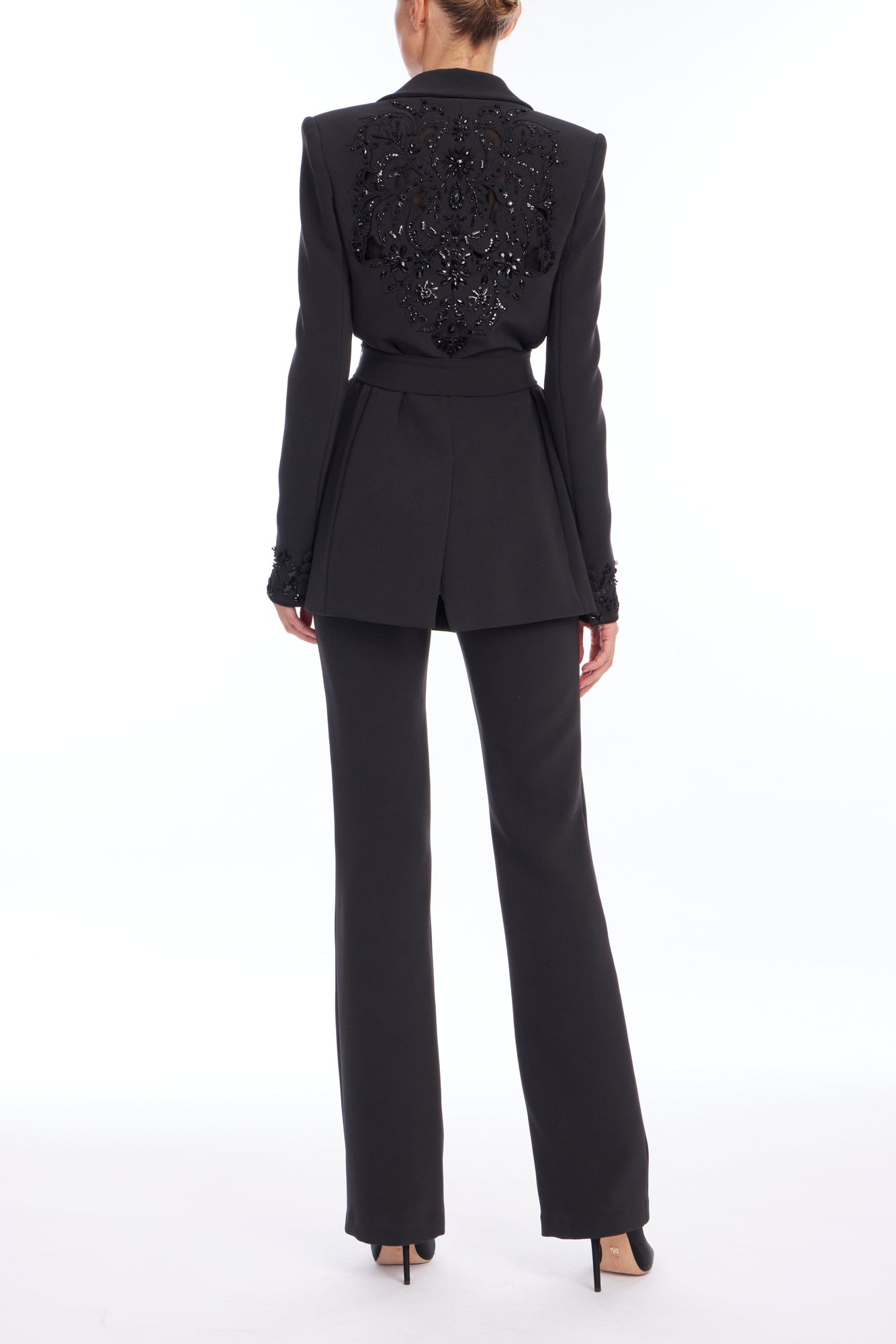 Badgley Mischka | Beaded Stretch Crepe Jacket with Sash | Black
