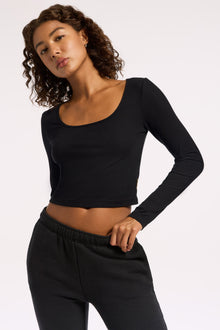 Wesley | Rivington Ribbed Long Sleeve Scoop Neck Crop Top | Black