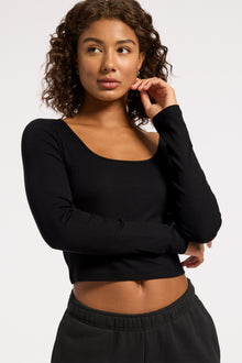 Wesley | Rivington Ribbed Long Sleeve Scoop Neck Crop Top | Black