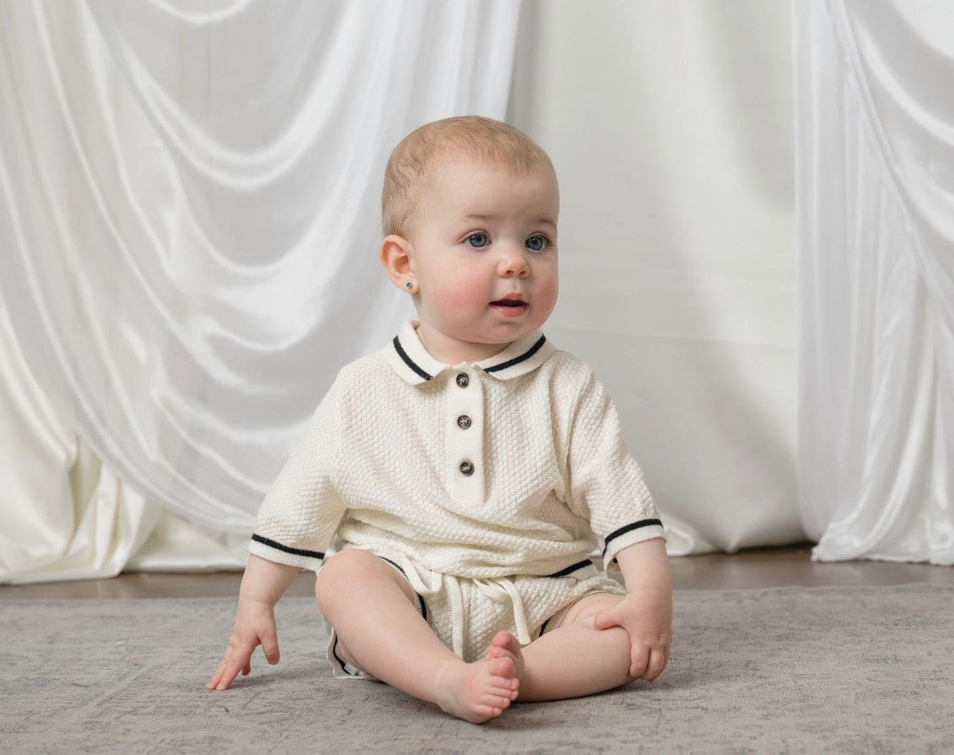 Baby | Brody Ivory with Black Trim Cotton Polo Top and Shorts Set