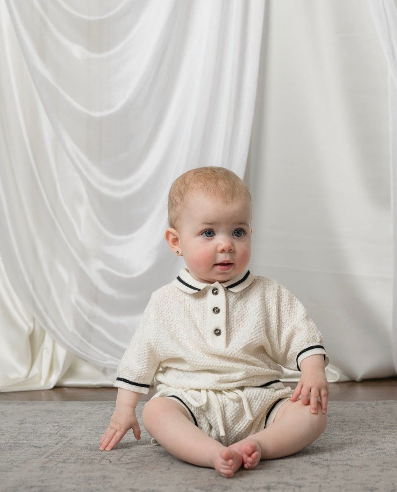 Baby | Brody Ivory with Black Trim Cotton Polo Top and Shorts Set