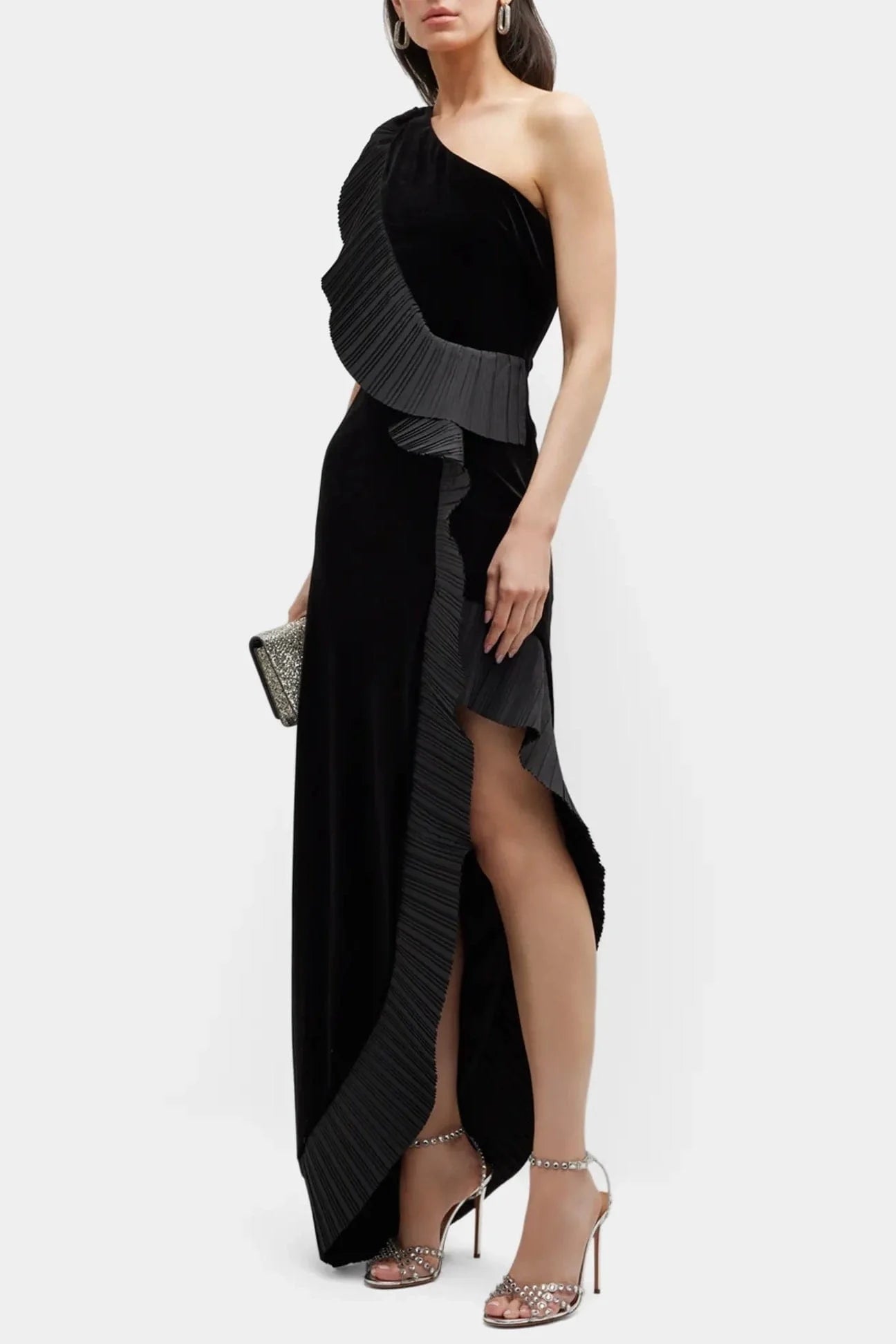 ONE33 SOCIAL | The Mercer Velvet Black Pleated Ruffle Gown | Black