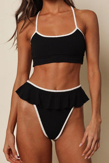 X Tamarindo Ruffle Bikini Bottom | Black Cream Binded Terry Rib