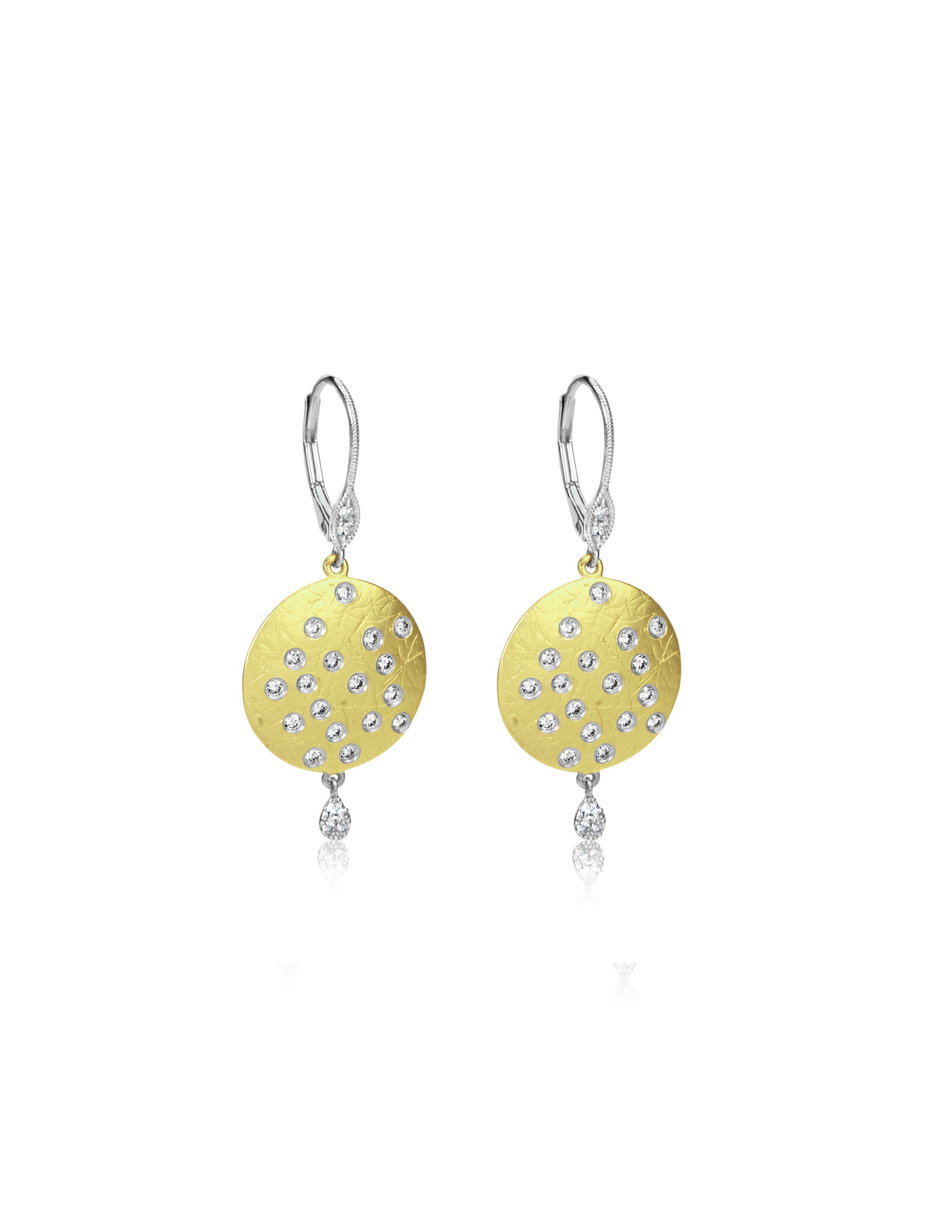 Brushed Gold Disk and Scattered Diamonds Earrings | 14kt Yellow Gold