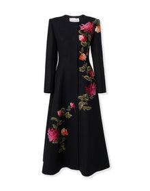 Embroidered Collarless A-Line Coat | Black Multi
