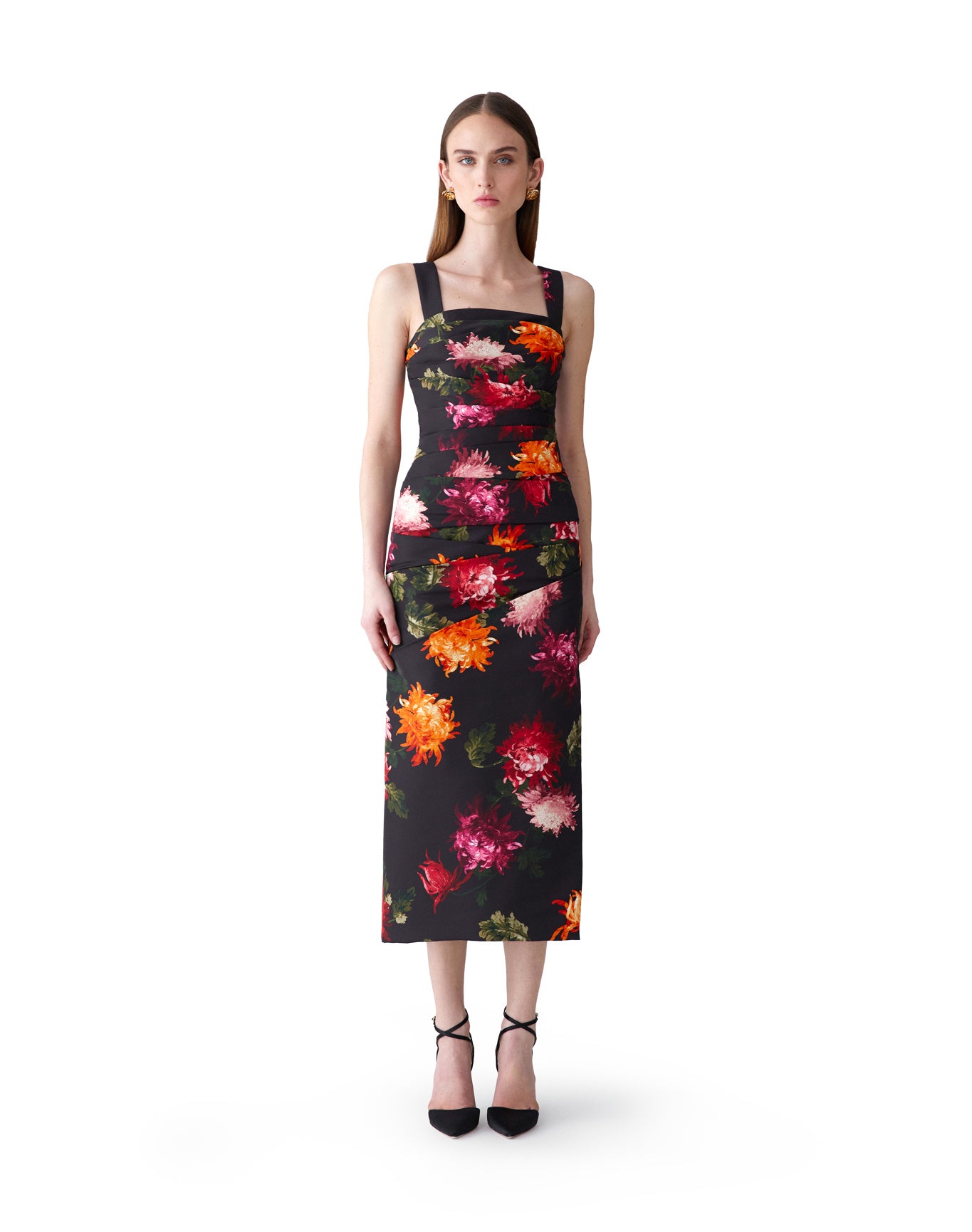 Thick Strap Draped Midi Dress | Black Multi