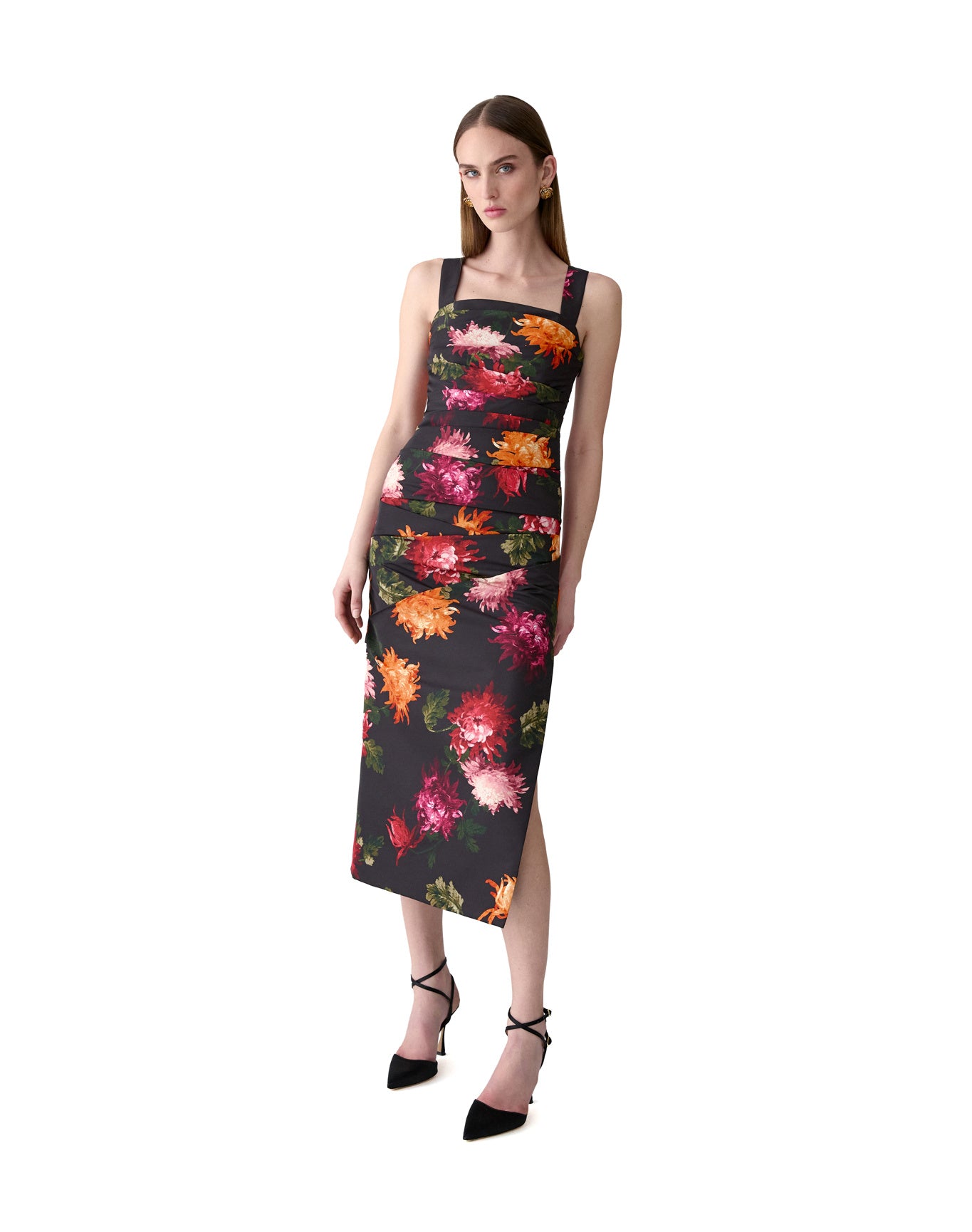 Thick Strap Draped Midi Dress | Black Multi
