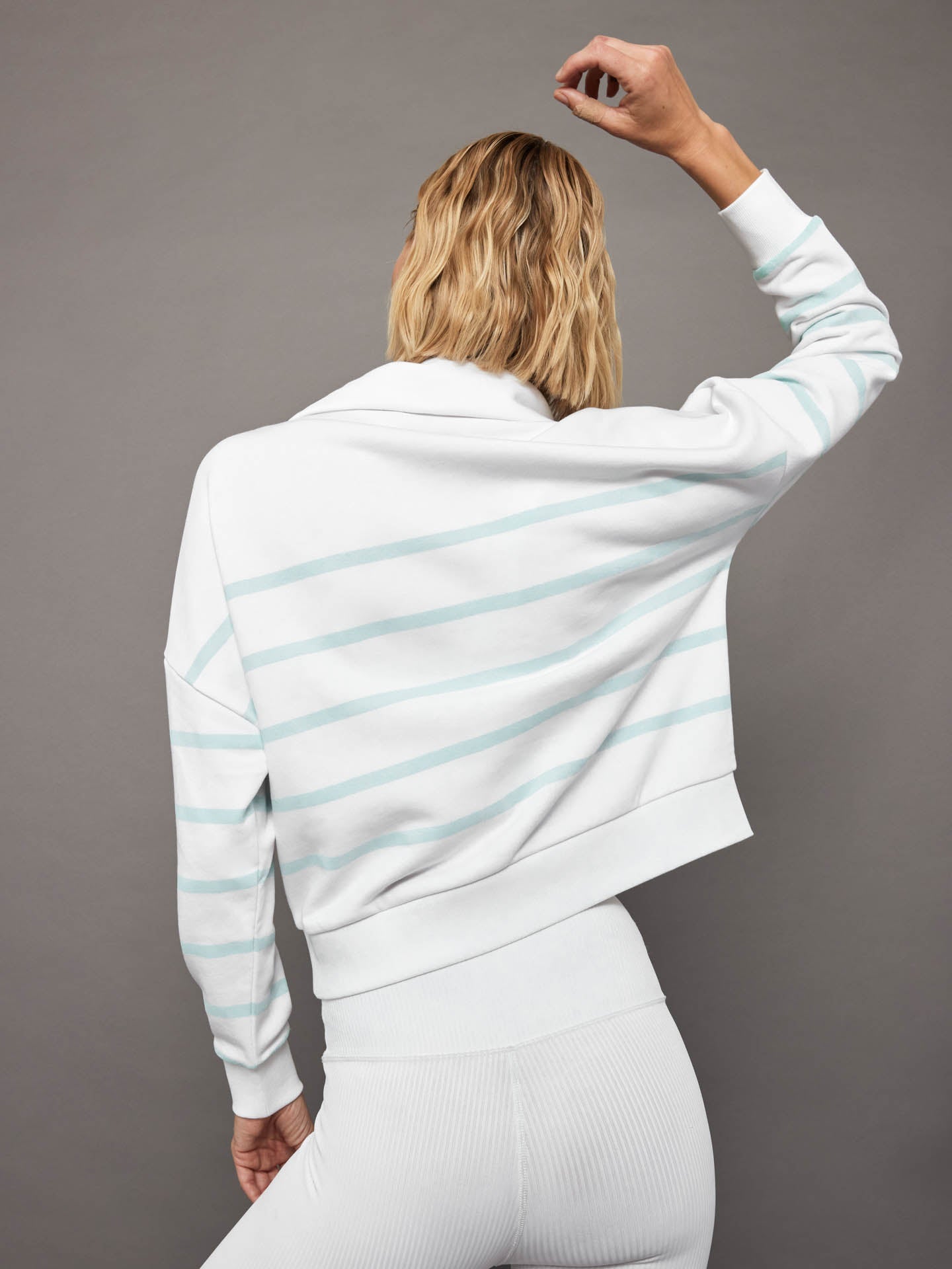 Carbon38 | Breton Stripe French Terry 1/2 Zip | White/ Quiet Tide