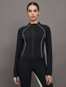 Colorblock Mock Neck Corset Zip in Melt | Black/Cloud Dancer