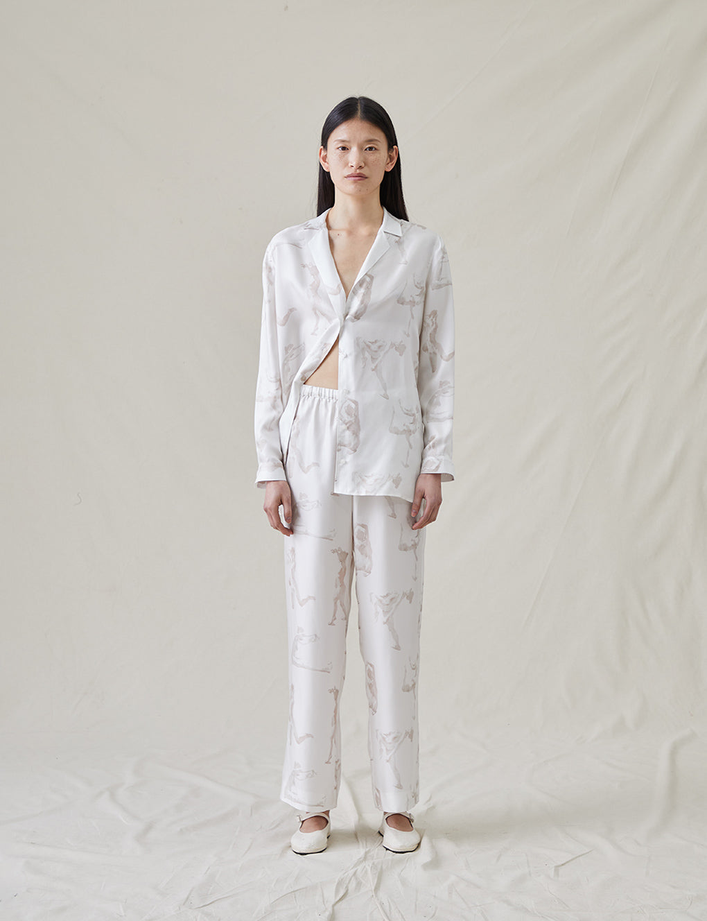 Womens | The Silk Relaxed Pants with Painted Figures | Cream / Sepia
