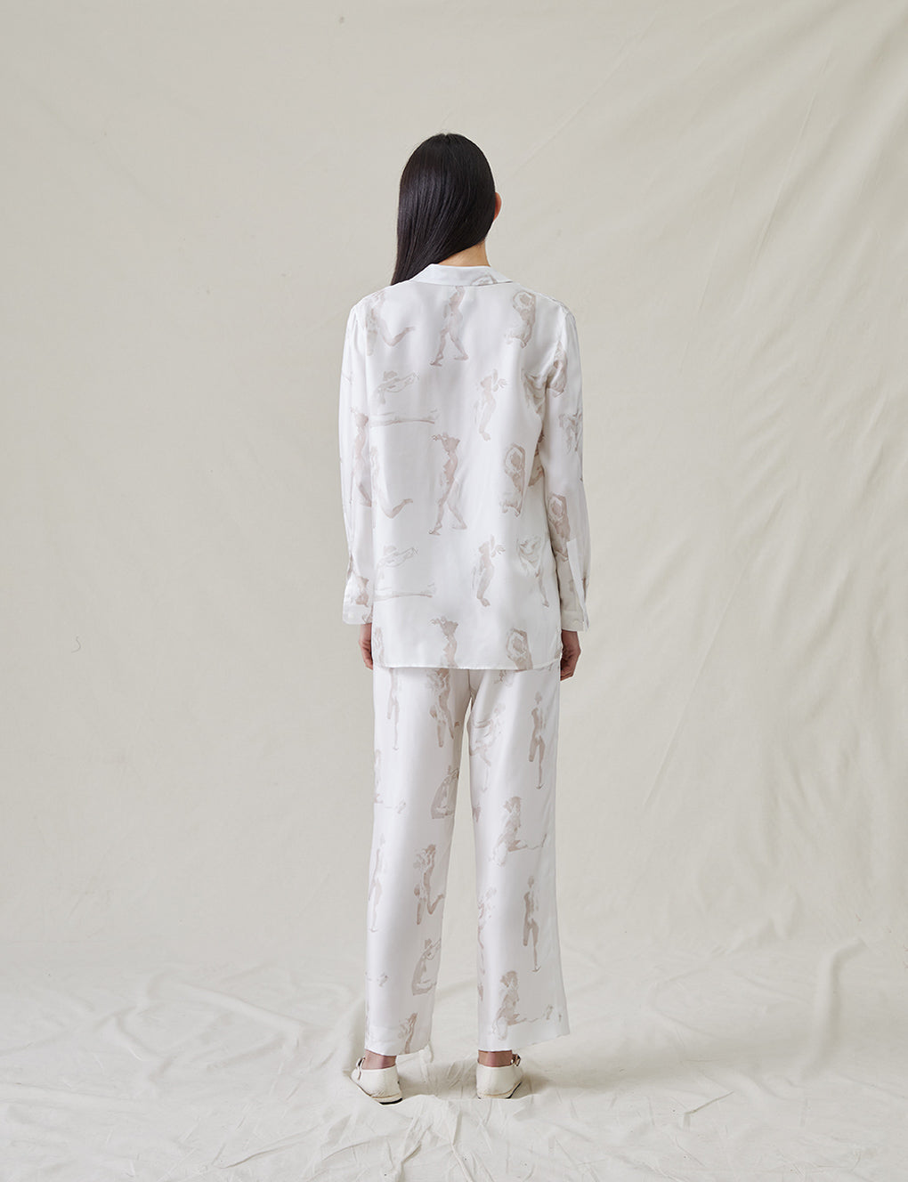 Womens | The Silk Relaxed Pants with Painted Figures | Cream / Sepia